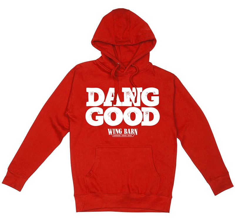 Wing Barn red hoodie, "Dang Good"