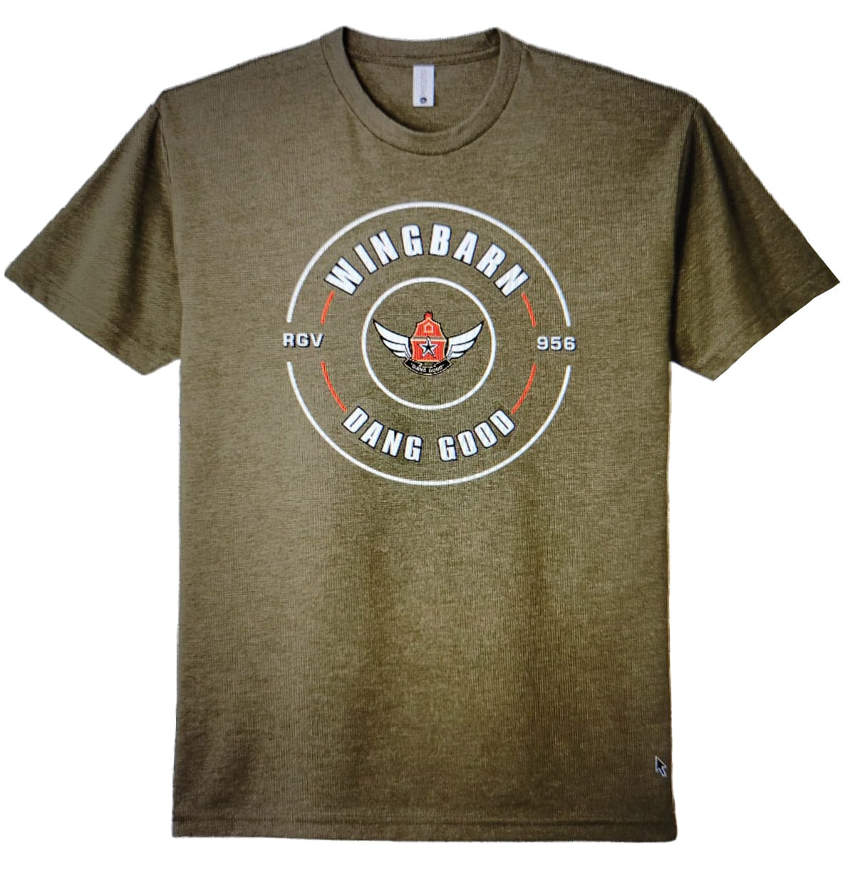 Wing Barn olive green t-shirt with circular "WingBarn Dang Good RGV 956" logo