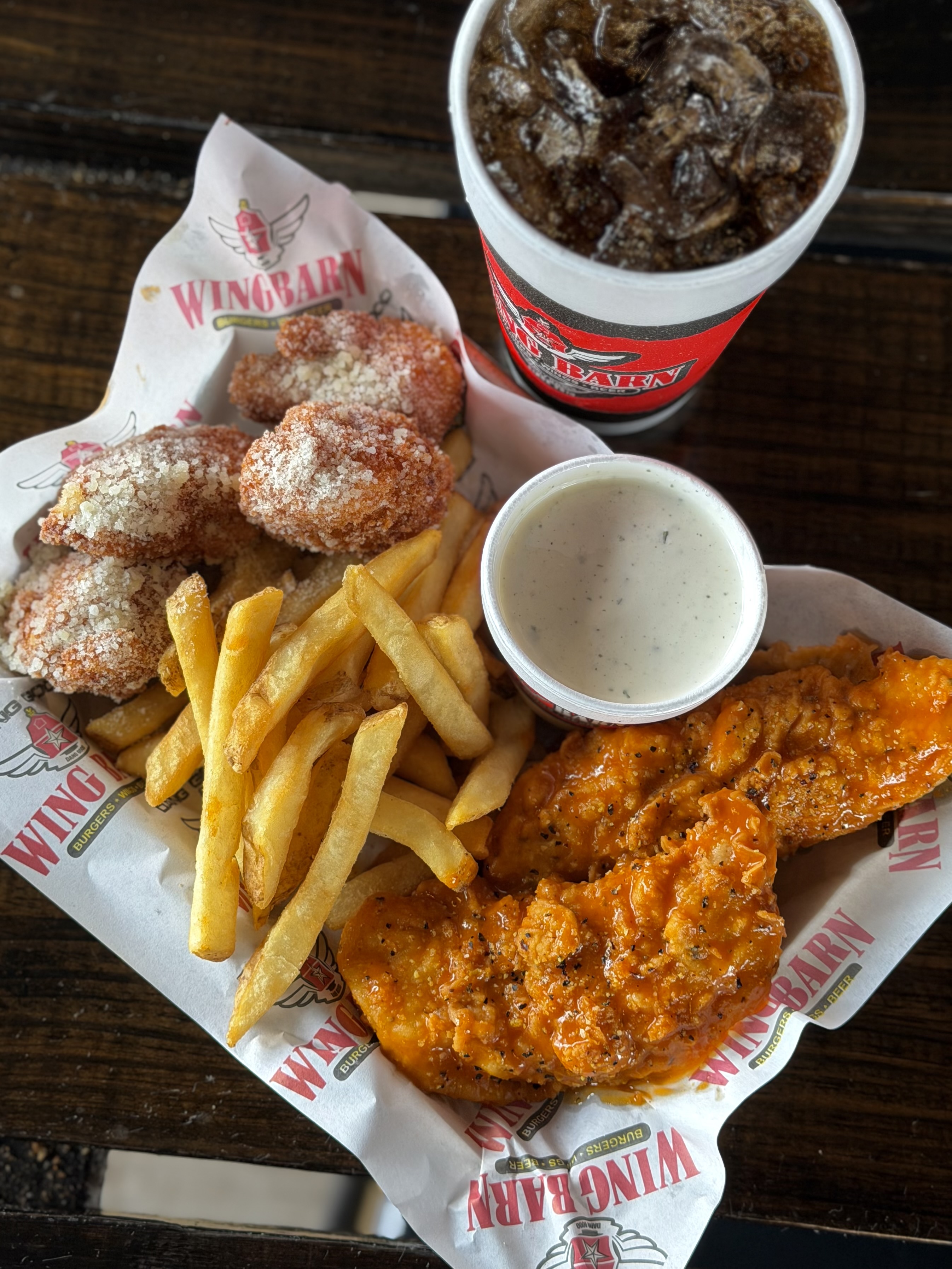 October Monthly Special: 2 Tenders, 4 Boneless Wings, 2 Flavors, fries, soda and ranch or blue cheese for $8.99